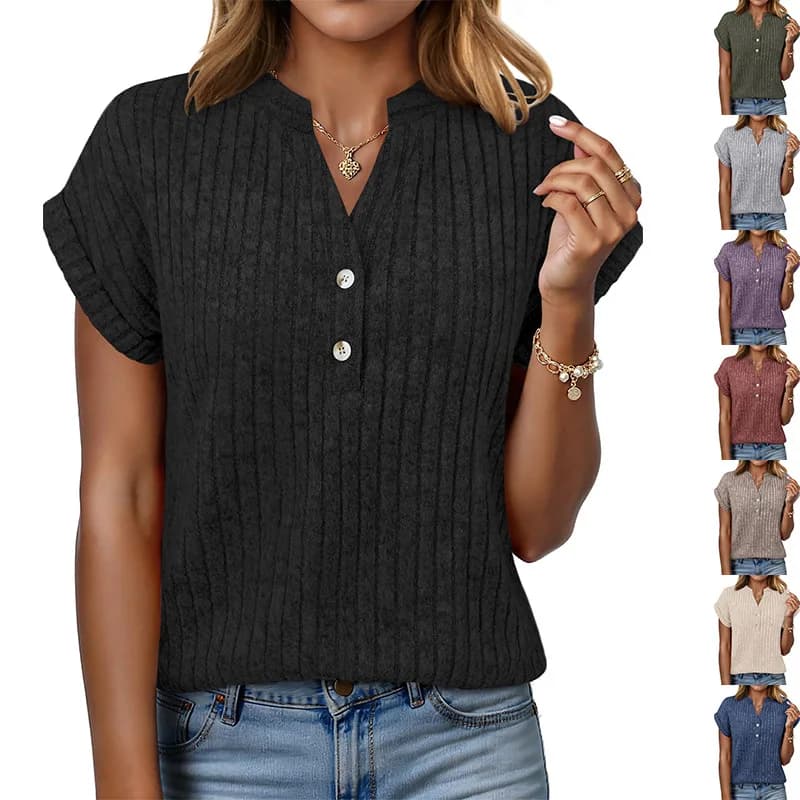 Women's Casual Short Sleeve V-Neck Button T-Shirt Breathable Polyester Comfortable Fit Summer Fashion Basic Top