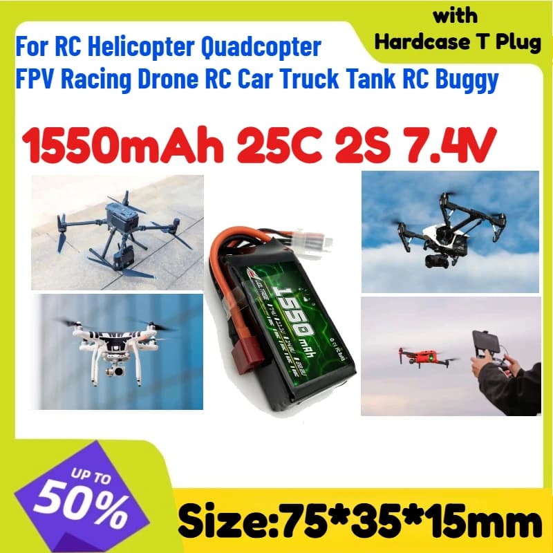 Batteria Lipo 1550mAh 25C 2S 7.4V con custodia rigida e connettore T per elicottero RC, quadricottero, drone da corsa FPV, auto RC, camion, carro armato, buggy RC