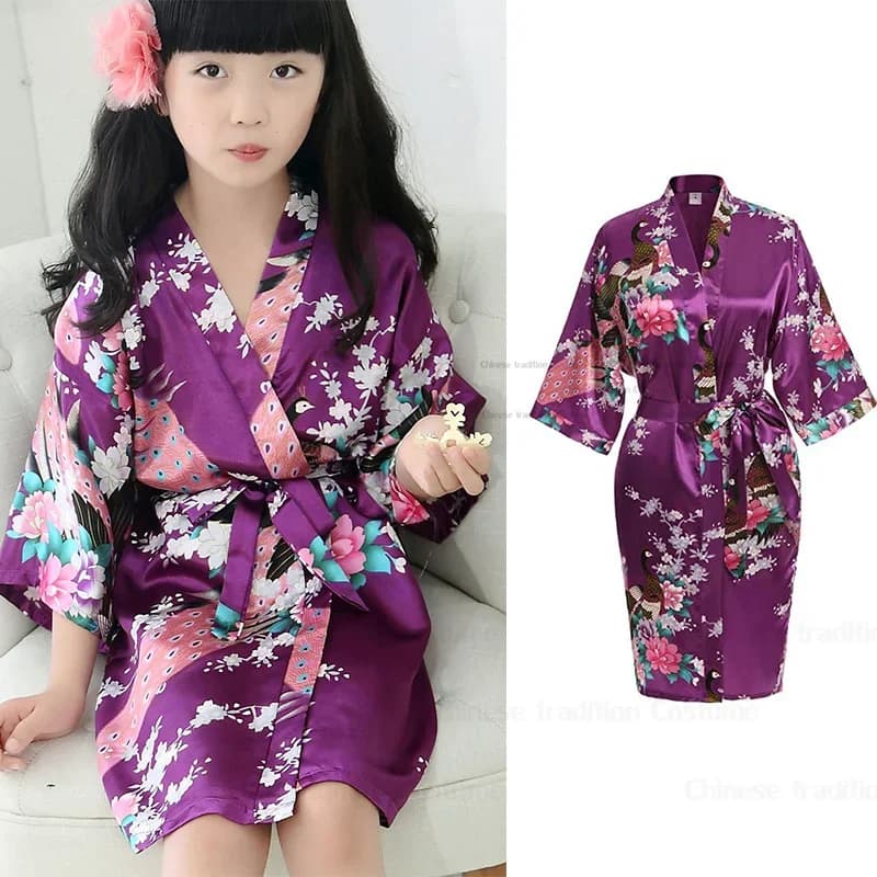 Girl Peacock Print Japanese Kimono Satin Yukata Short Sleepwear Child Loose Bathrobe Summer Spring New Loungewear Nightwear
