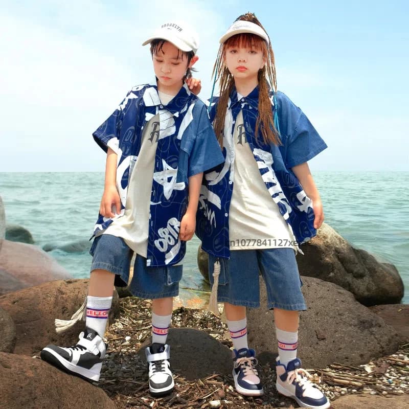 Costumi di danza di strada per bambini, set di camicie e jeans cool e belli per ragazzi e ragazze, costumi di danza hip-hop per bambini