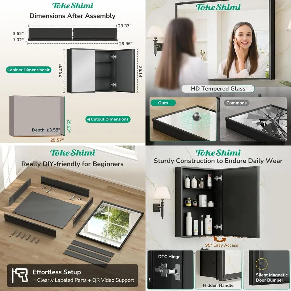 Armadietto portamedicinali con specchio 30x26 per bagno, montaggio richiesto, armadietto portamedicinali nero con specchio, ripiano regolabile a gradini