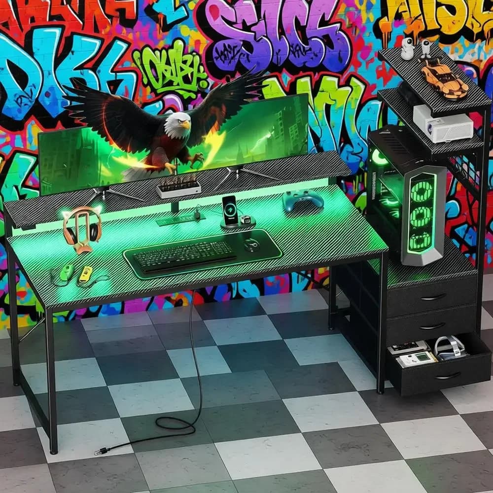 Scrivania da gioco illuminata a LED con 3 cassetti in tessuto, scrivania per PC con supporto per custodia e ripiani regolabili, fibra di carbonio reversibile