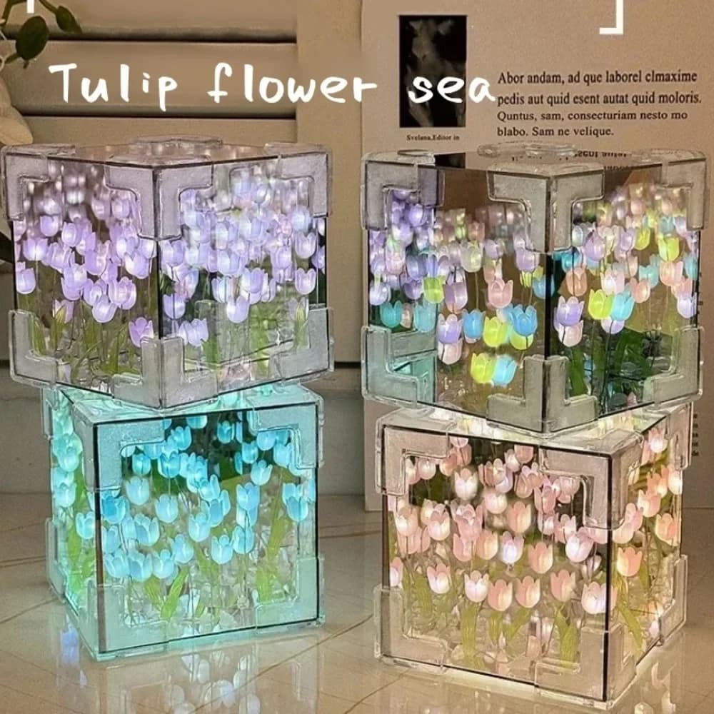 Lampada da tavolo a forma di specchio a forma di tulipano fai-da-te, simulazione di fiori, camera da letto, lampada da tavolo per dormire, artigianale fatto a mano, specchio a tulipani, luce notturna, regalo di compleanno