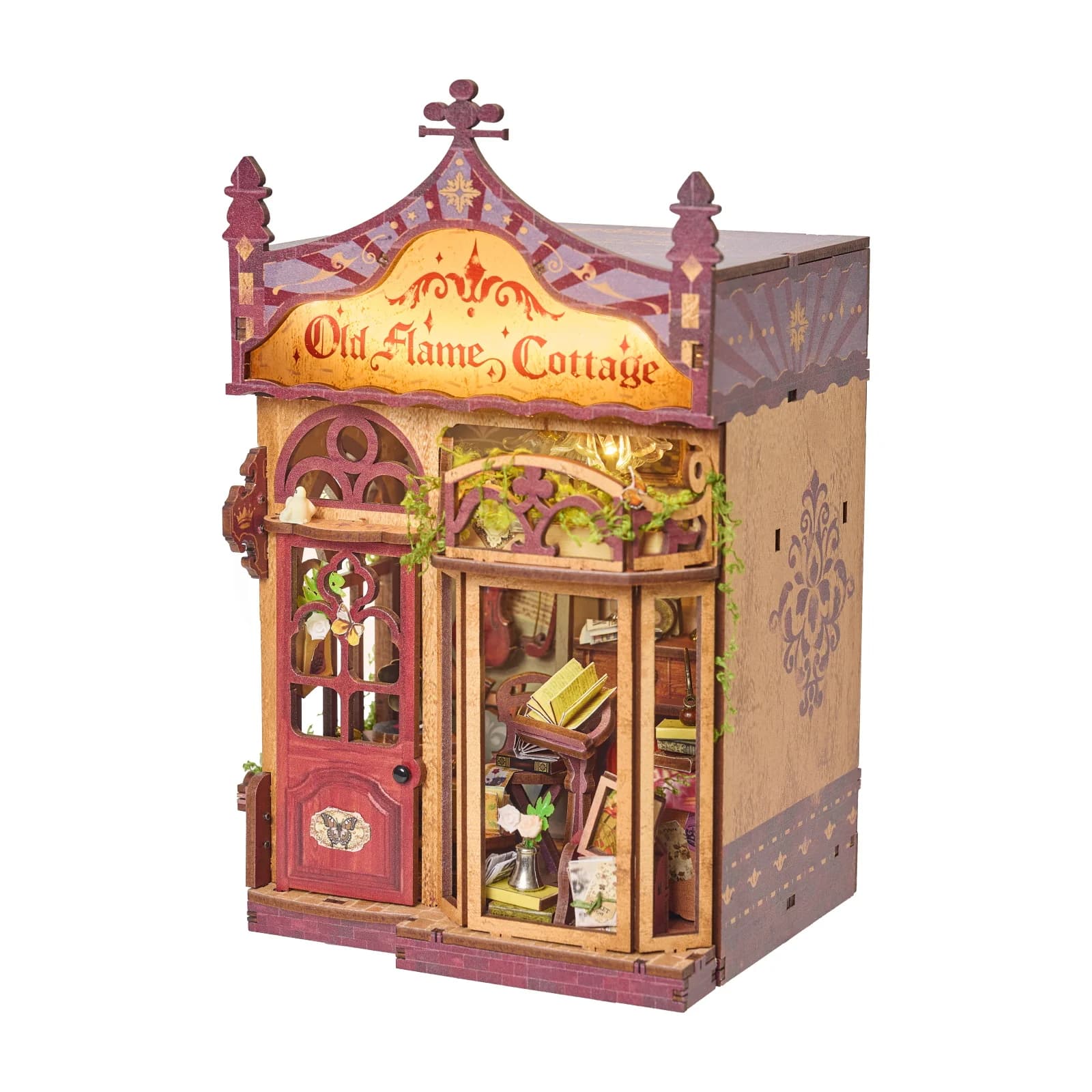 Kit Modello in Miniatura Fai-da-Te in Legno, Casa delle Bambole Old Flame Cottage, Puzzle 3D con Mobili e Luci, Regalo di Compleanno per Amici