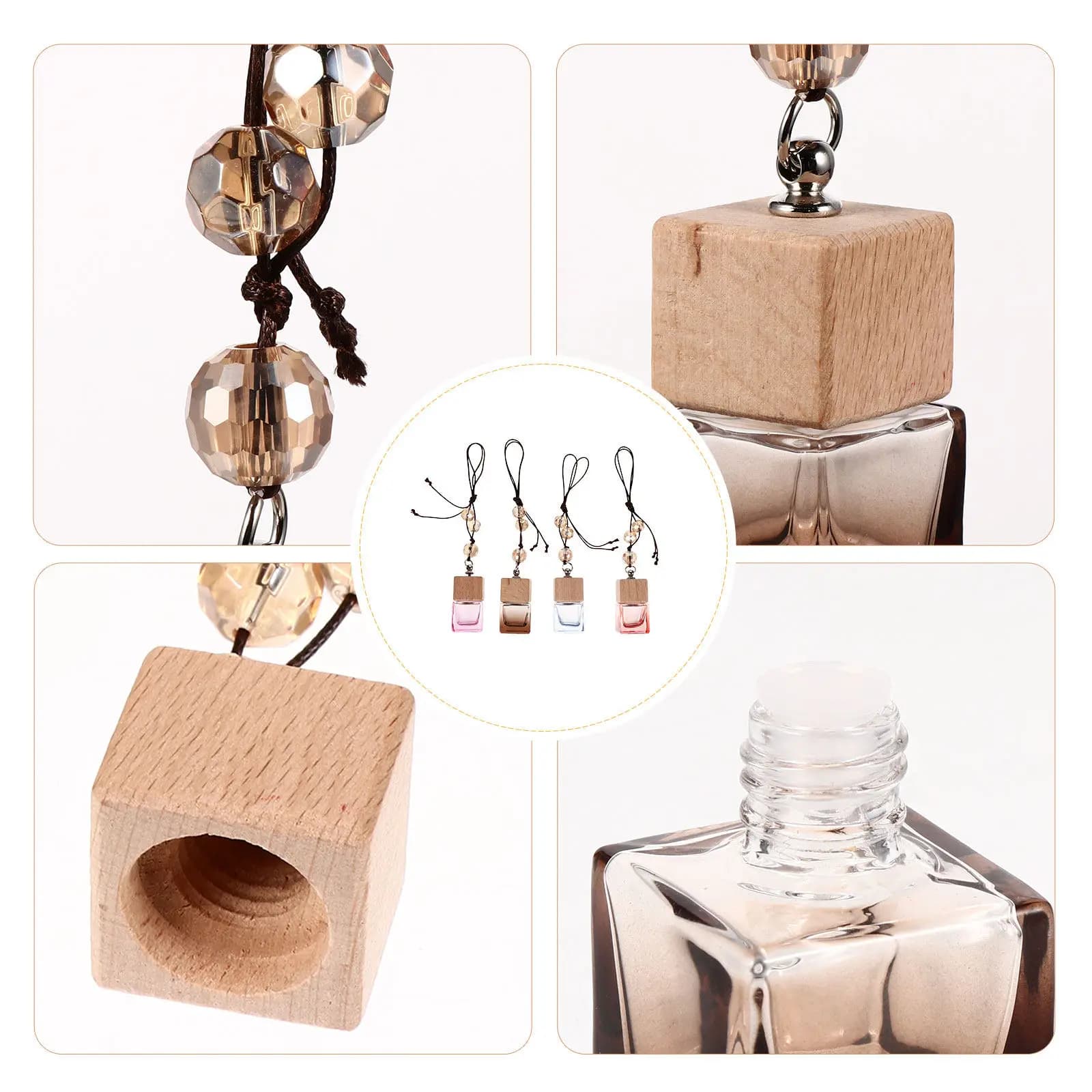 Diffusore di Fragranze per Auto in Vetro e Legno, Ornamento Pendente per Aromaterapia, Deodorante per Auto e Casa
