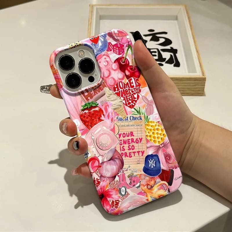 Custodia con illustrazione di frutta rosa Sweetheart per IPHONE 16 15PRO MAX 14 PRO 13 PRO 15PLUS 12 11 Custodia rigida in acrilico per cellulare