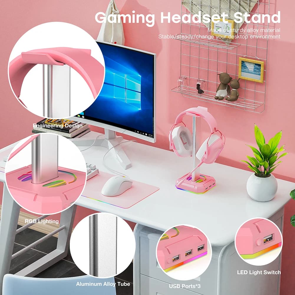 Support for RGB headphones with 3 USB ports 2.0 Support for headphone display Support for space saving desk for all headphones