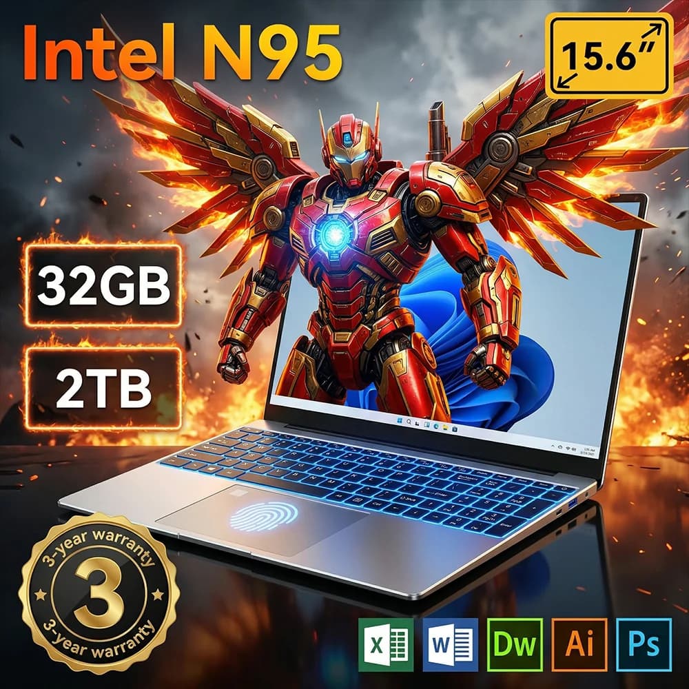15.6Inch Portable Laptop Intel N95 32GB 2TB Windows11 Office 1080P HD Fingerprint Unlock Laptops Gaming Notebook Computer PC