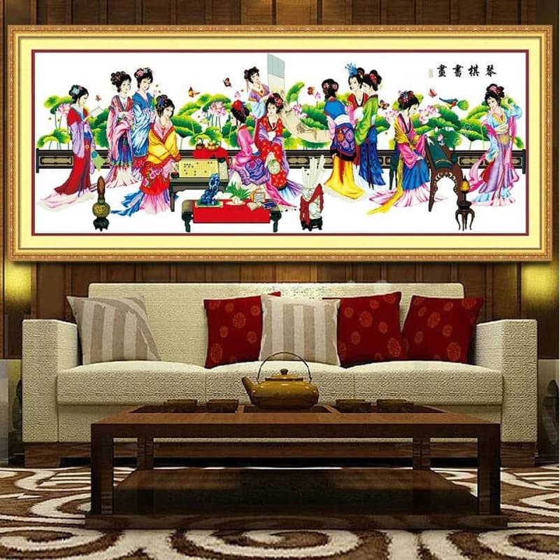 Large 210*76cm Cross Stitch Kit - Traditional Chinese Beauty Embroidery Set with 12 Figures Printed Pattern for Living Room Deco