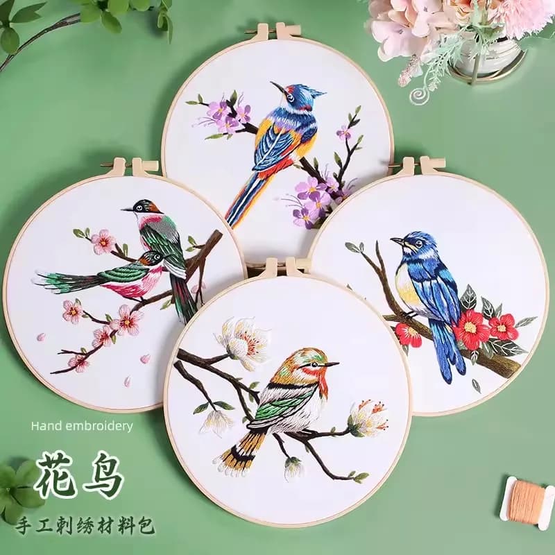 Kit di Ricamo Stile Cinese con Uccelli e Fiori, Kit Fai-da-Te con Tessuto Stampato, Regalo Artigianale Completo per Principianti
