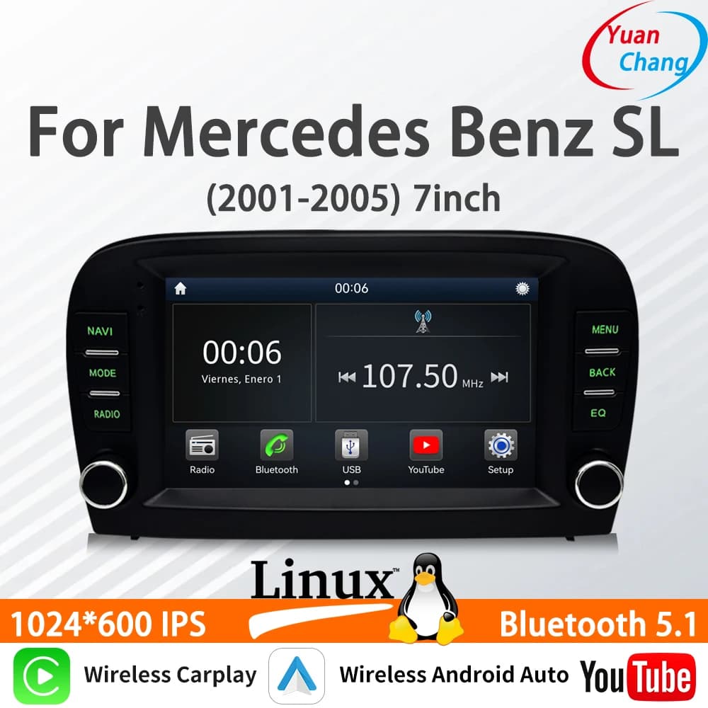 Adatto per Mercedes Benz SL, Nuovo Stereo Auto da 7 Pollici con Linux, CarPlay Wireless, Android Auto, FM, DSP, Bluetooth, Lettore Multimediale