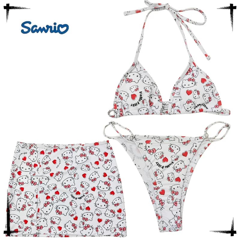 Women Hellokitty Bikini Sets Three Pieces with Mesh Skirt Swimsuit Swimwear Bathing Suit Beach Outfits Biquini Bodycon Skirt