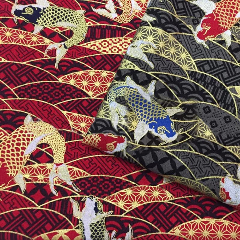 100x150cm Koi Fish Printed Bronzing Fabric Japanese Style Gold Fish Wave Patten Fabric For Diy Kimono Cheongsam Bag Clothing