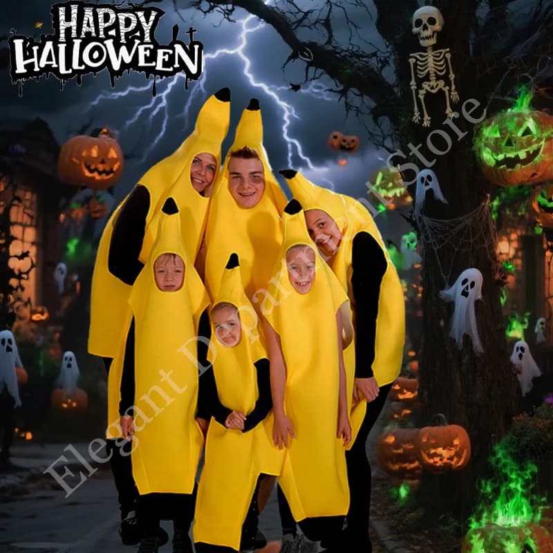 Costume da banana di Halloween per adulti e bambini, divertente vestito sexy per feste di gruppo, costumi cosplay coordinati per la famiglia