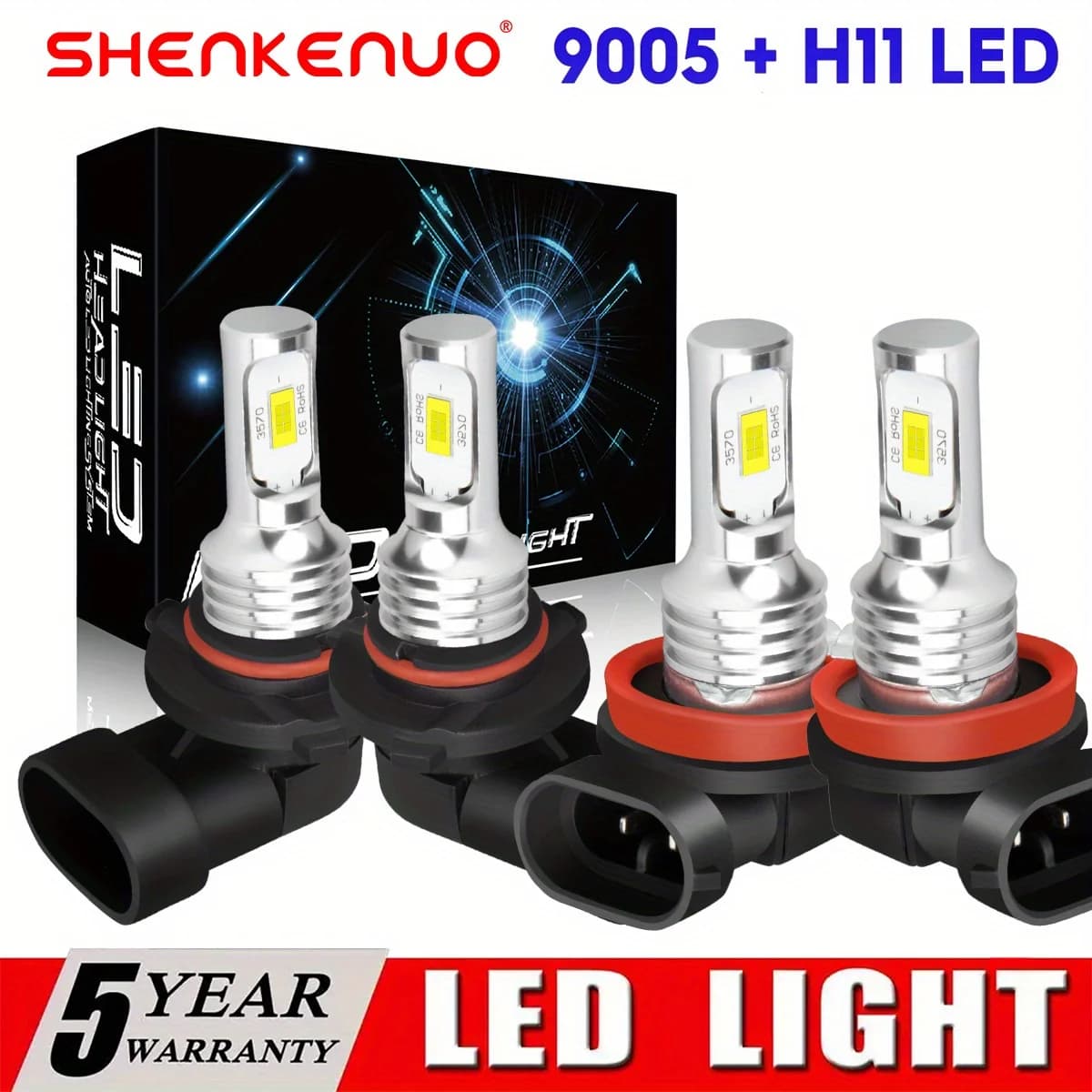 4 pezzi 9005+H11 36000LM 6000K Lampadina LED bianca brillante per fari abbaglianti e anabbaglianti Plug and Play, senza batteria