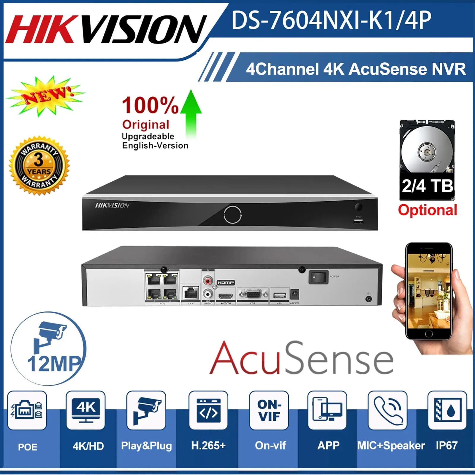 Hikvision DS-7604NXI-K1/4P NVR 4K a 4 canali POE Acusense per sistema CCTV con telecamere IP, aggiornabile da DS-7604NI-K1/4P