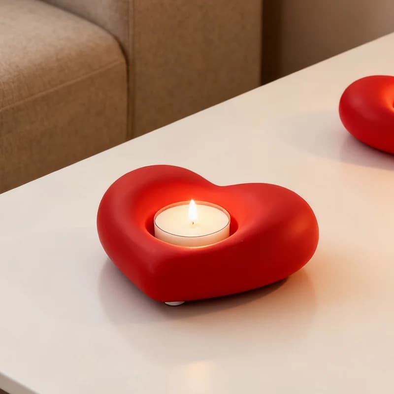 Modern Minimalist Heart-shaped Ceramic Candle Holder Tray. Red Decorative Piece For Dining Table, Festival Tea Candle Holder