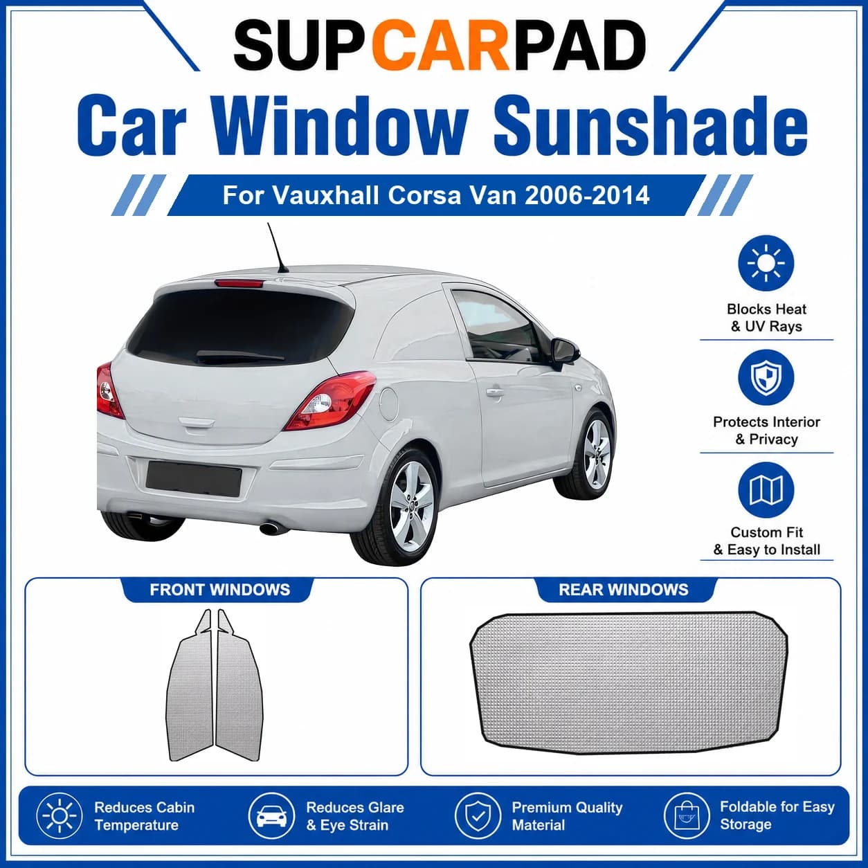 For Vauxhall - Vauxhall Corsa Van 2006-2014 Full Set Car Window Sunshades UV Block Privacy Heat Insulated Foldable Car Curtain