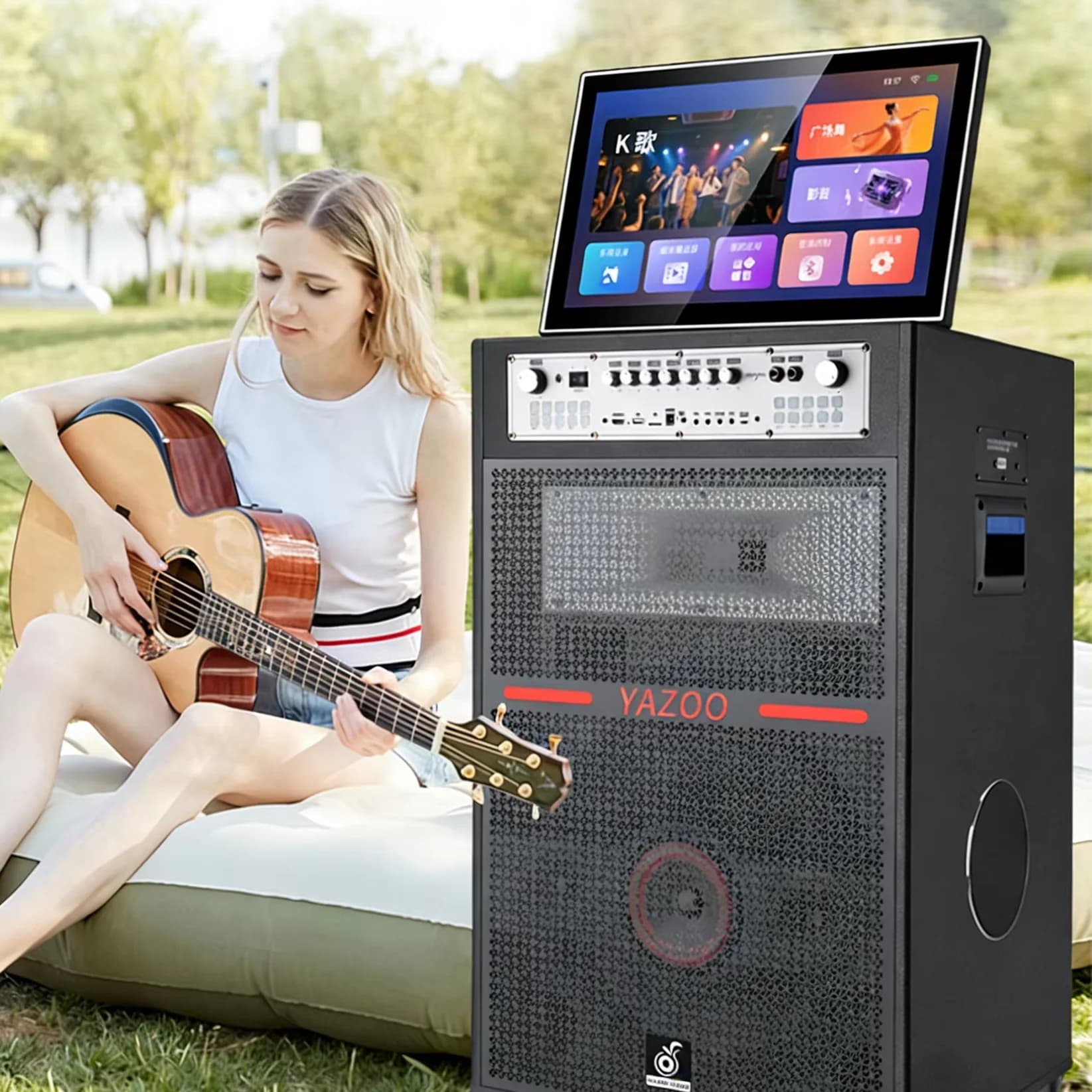 New portable karaoke singing machine audio touch screen tie rod speaker 18 inches with 22 inches LED screen projector