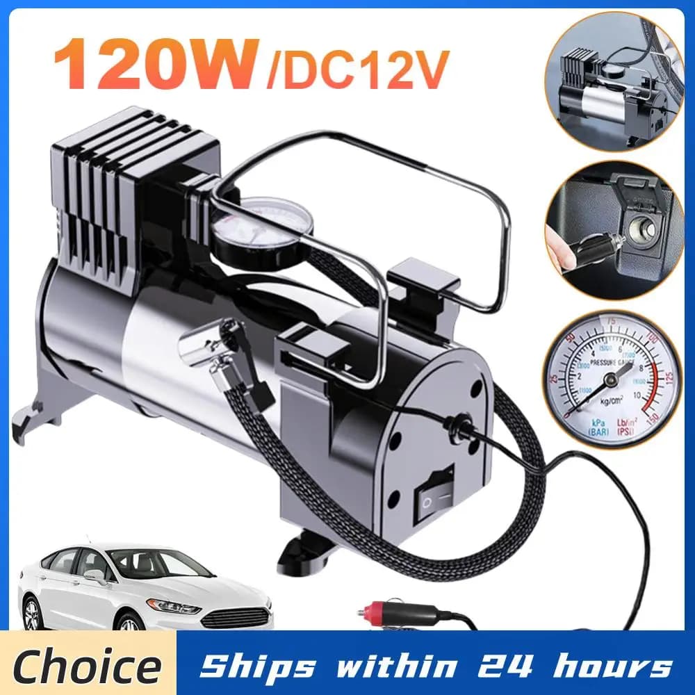 Compressore d'Aria Elettrico per Auto 12V con Manometro, Mini Pompa Elettrica per Gonfiaggio Pneumatici