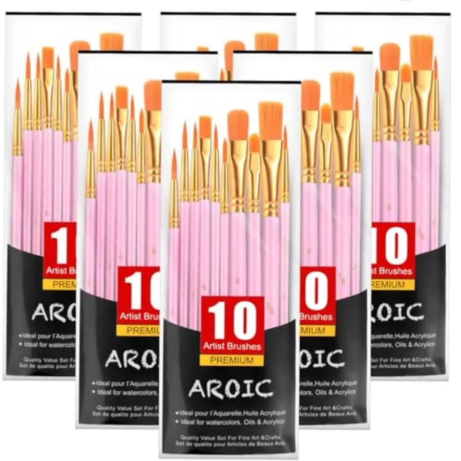 Acrylic Paint Brushes, 6 Packs/60 pcs Nylon Hair Paint Brush Set for All Purpose Oil Watercolor Painting Artist Professional Ki