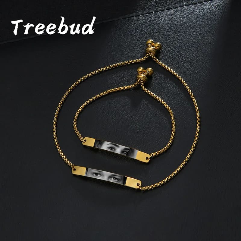 Treebud Bracelets with Photo for Eyes Engraved Laser Customized Stainless Steel for Women Men Jewelry Gifts with Chain Bracelet with Custom Names