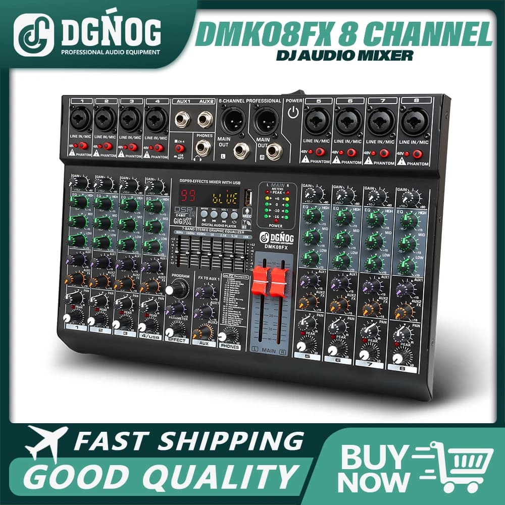 DGNOG Mixer audio professionale a 8 canali EQ a 7 bande con 99 effetti DSP Console Bluetooth USB Phantom Power 48V per Stage Studio