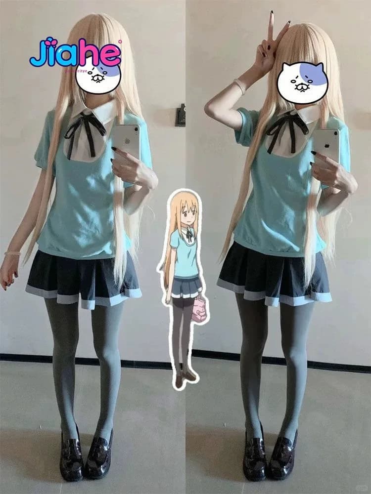 Himouto! Anime Doma Umaru Cosplay Costume Bow Blouse Blue Gray Pleated Skirt Uniform Set Wig for Women Halloween Party Outfit