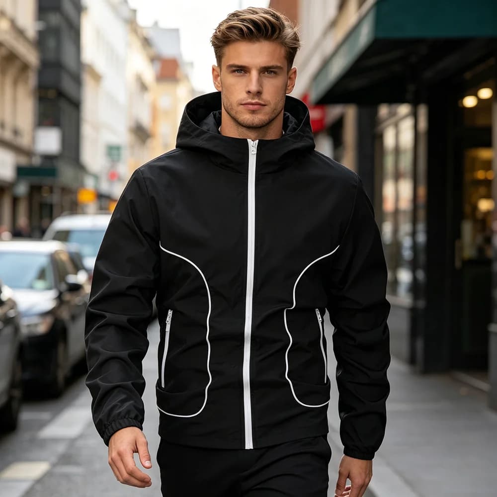 Men's Black And White Striped Zip Up Jacket Simple Casual Suitable For Everyday Commute Outdoor Sports With Zip Up Pockets