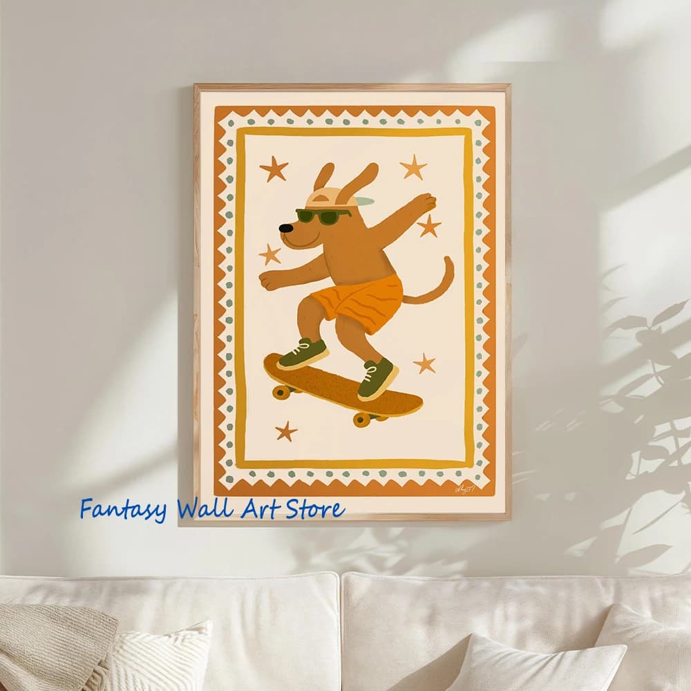 Whimsical Skateboard Surfing Bicycle Animals Goose Dog Poster Cartoon Minimalist Nursery Art Canvas Prints Kids Room Home Decor