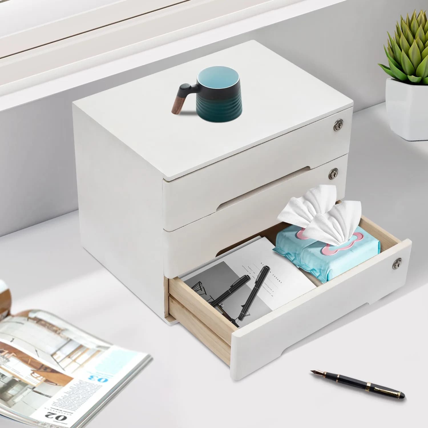 Armadietto portaoggetti da scrivania in legno con 3 cassetti con serratura, organizer per file da scrivania, piccola scatola portaoggetti per forniture per ufficio domestico