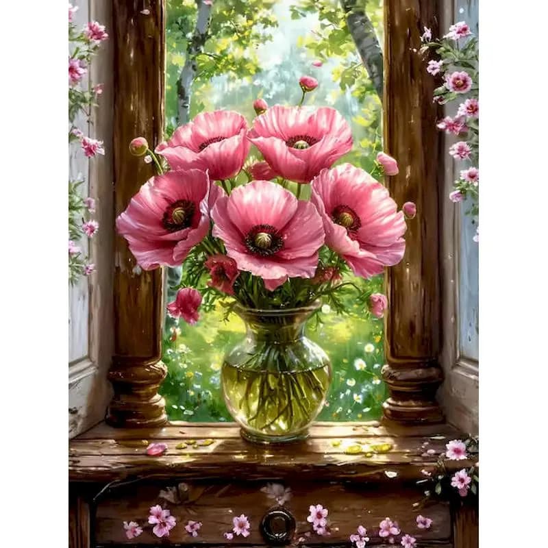 GATYZTORY Acrylic Paint By Numbers Pink Poppy Bouquet DIY Painting By Numbers On Canvas Coloring By Numbers Picture Drawing Deco