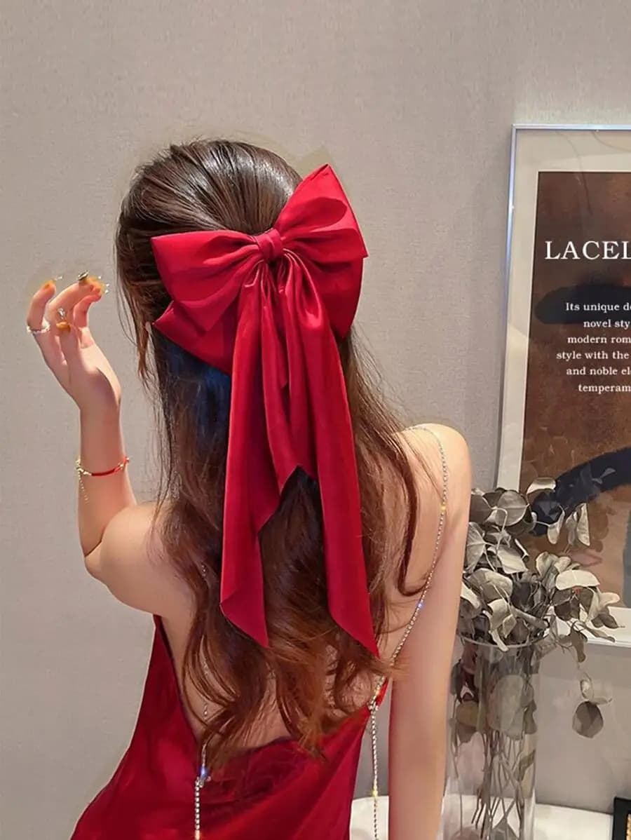 Fermaglio per capelli con fiocco oversize in raso rosso con code lunghe per donne e ragazze