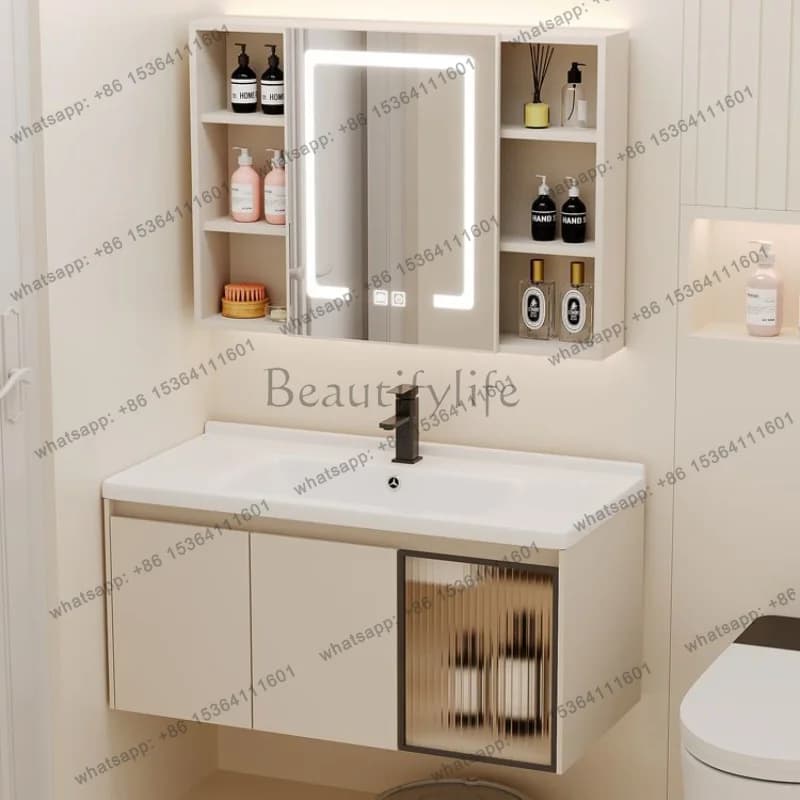 LDWood Bathroom Sink with Cabinet Ceramic Washbasin Simple Intelligent Mirror Combination Integrated Cabinet Vanity