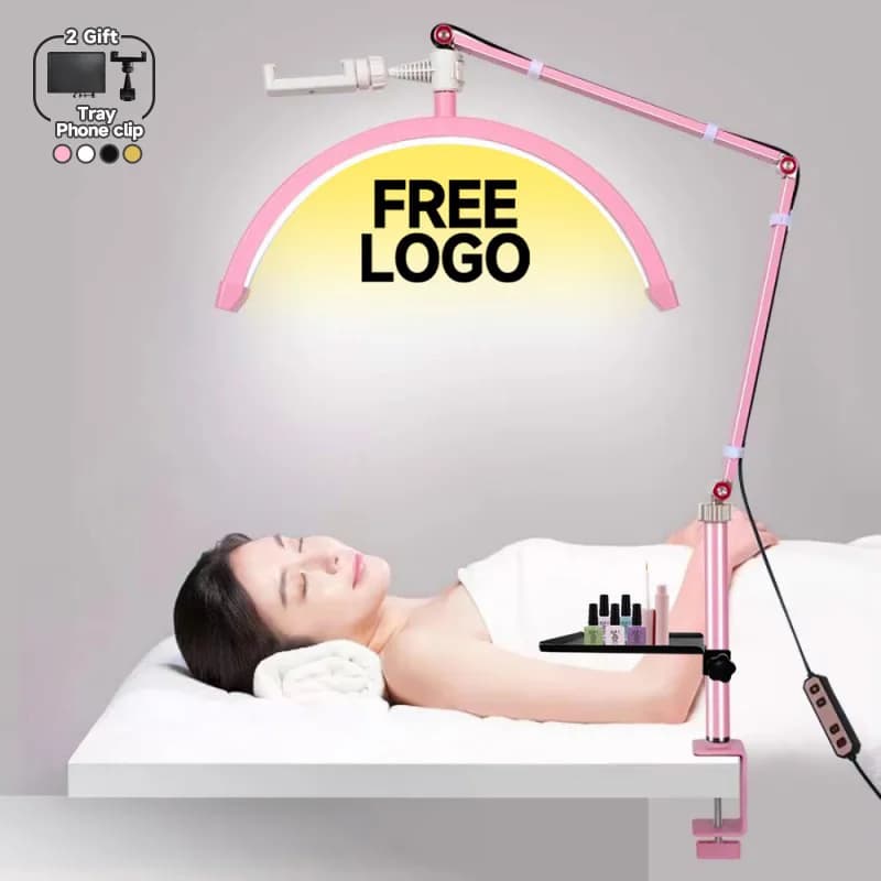 2025 nuovo LOGO personalizzato 16 pollici 24 w Mezza Luna LED Tavolo per unghie Letto facciale Lampada a clip per estensione ciglia Tattoo Sopracciglio Manicure