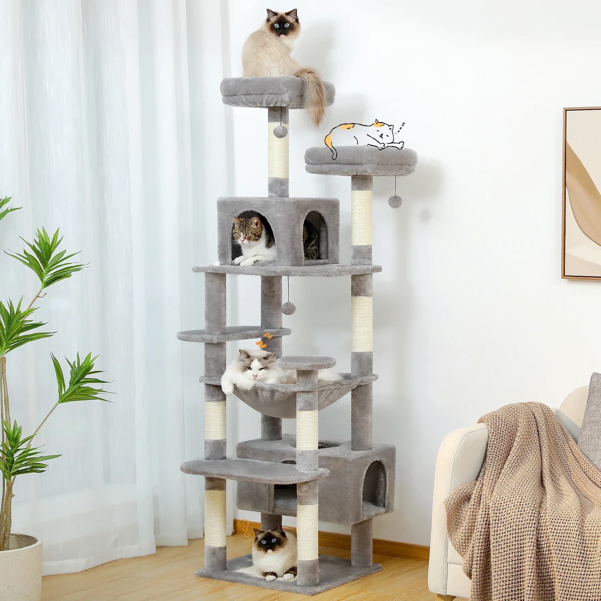 % un grande albero e torre per gatti da 184 cm per gatti da interno con tiragraffi rivestiti in sisal, spaziosa amaca, posatoi imbottiti e cond