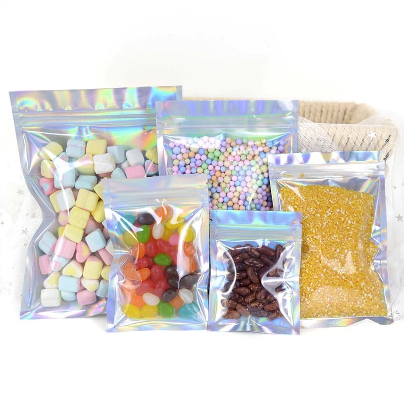 20pcs Iridescent Plastic Bags Zip Lock With Window Stand Up Resealable Grip Ziplock Pouches Tea Coffee Bean Candy Packaging Food