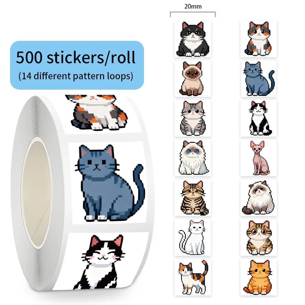 500 Pezzi/Rotolo Adesivi Gatto Pixel Carini - Adorabili Decalcomanie Arrotolate per Notebook e Decorazioni Fai-da-Te del Negozio RecordingYourLife