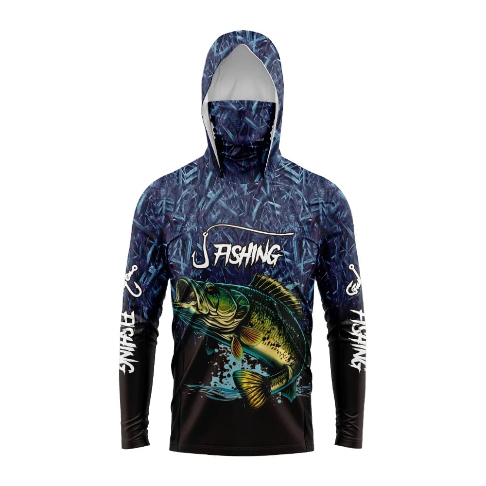 Men Bass Fish Print Fishing Hoodie With Face Mask Protection Quick Dry Breathable Long Sleeve Outdoor Angling Sports Shirt