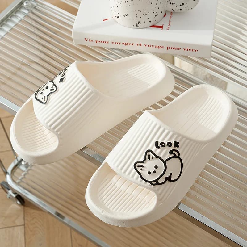 Women Summer Cute Cartoon Cat Platform Slides Thick Sole Quick Dry Non Slip Indoor Outdoor Beach Bath Slippers