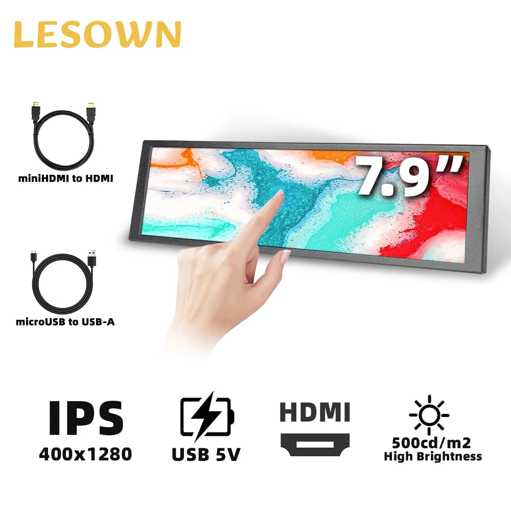 LESOWN Monitor piccolo portatile IPS da 6,9 pollici da 7,9 pollici 400×1280 Touch screen ausiliario Display con bordo di configurazione senza driver per PC portatile PS5