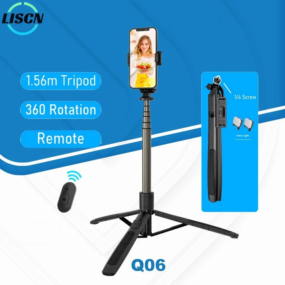 Q06 Selfie Stick treppiede 1.6m Selfie Stick retrattile con telecomando Wireless per YouTube Video Overhead Shoot treppiede