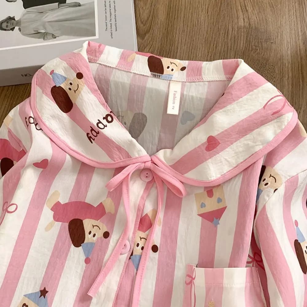 Pigiama a Righe con Colletto Rovesciato per Cani, Set Pinguino a Maniche Lunghe, Abbigliamento Casual da Casa, Due Pezzi, per Autunno e Primavera