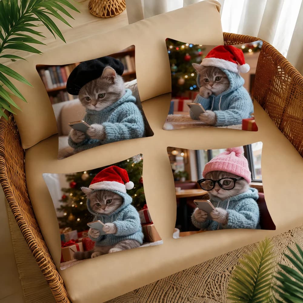 Cute Kitten Cat Look Phone Cushion Cover Square Decorative Throw Pillow Case Sofa Bed Living Room Anniversary Gifts