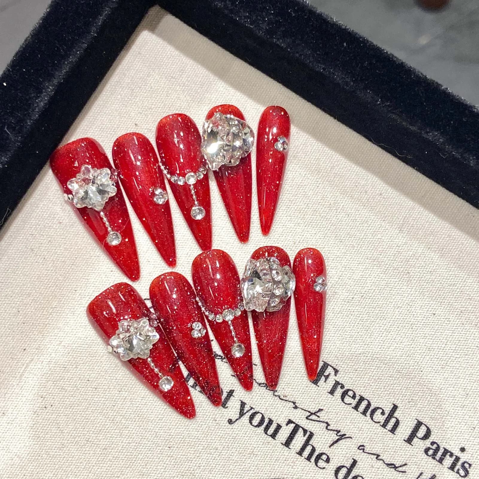 10 pieces handmade red fingernails fake long style punk style print on nails Y2k polished diamonds flower designs fake nail patches
