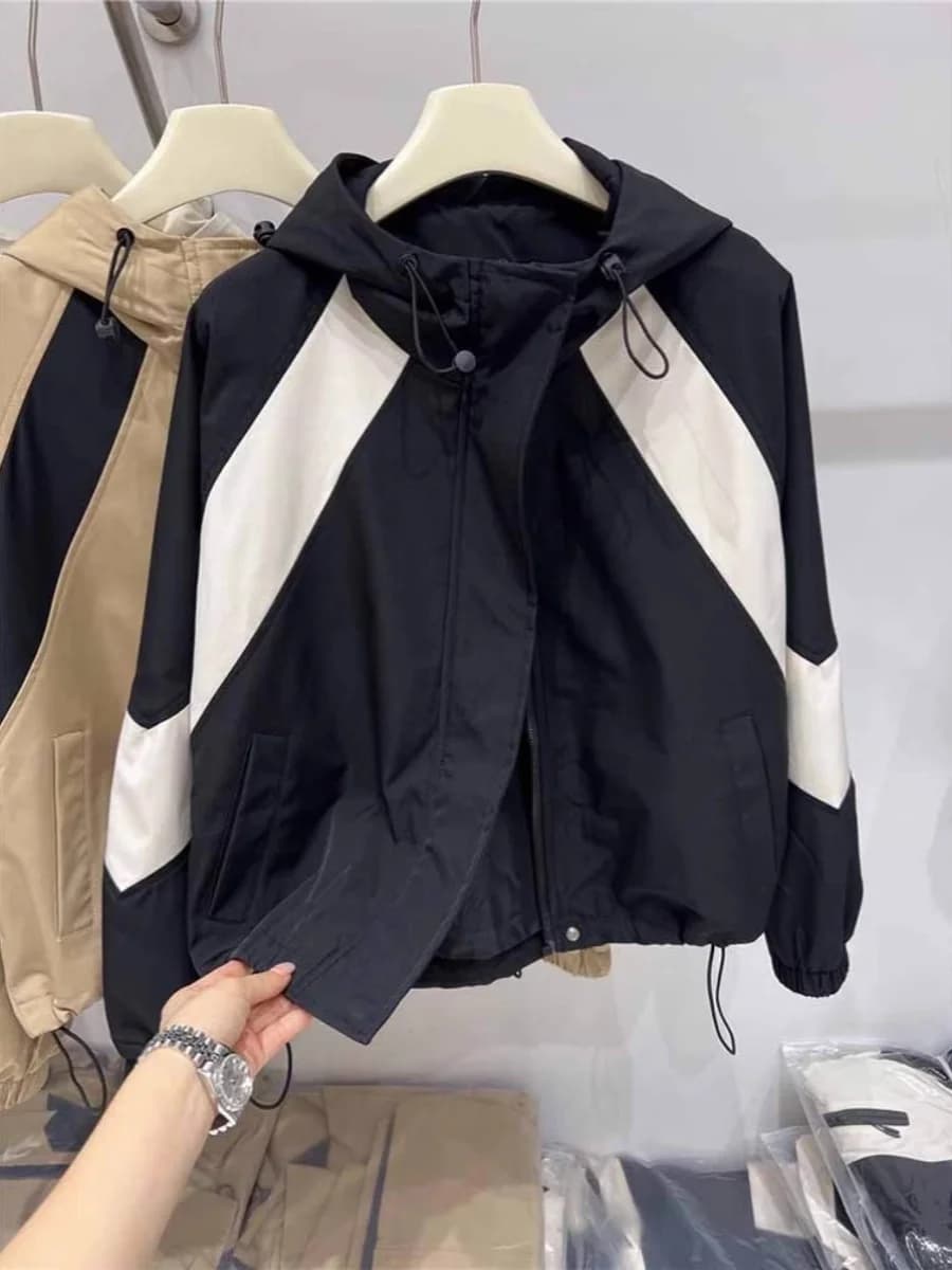 Korean Style Women's Hooded Jacket Color Block Design Casual Workwear Coat Zipper Closure Long Sleeve Regular Fit Outerwear