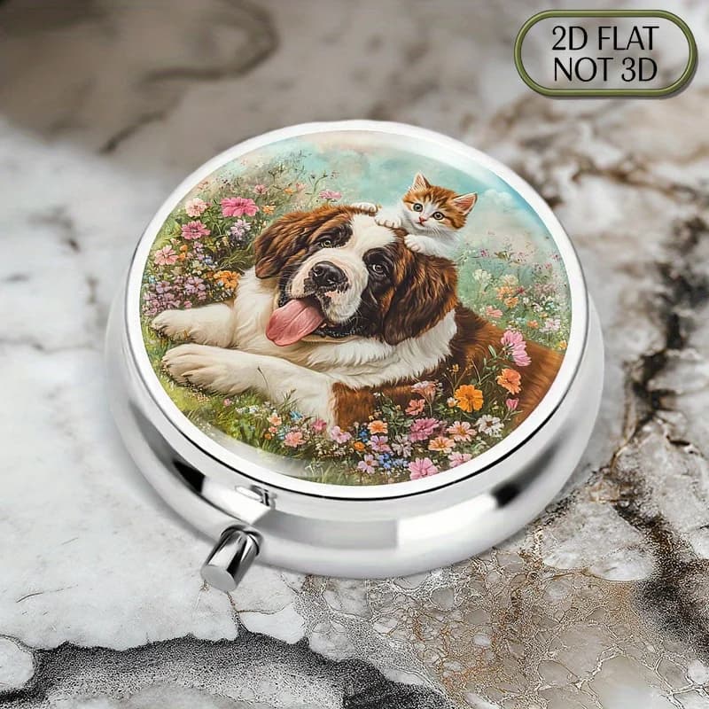 1 portable metal pill box, suitable for travel use - designed with a Saint Bernard and kitten pattern, used for storing medicines, supplements, vitamins, and medications (suitable for carrying around), flat design