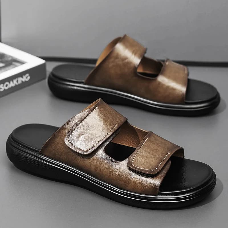 Classic Open Toe Men Slippers Non Slip Wearproof Rubber Sole Breathable Lightweight Outdoor Beach Pool Casual Slides