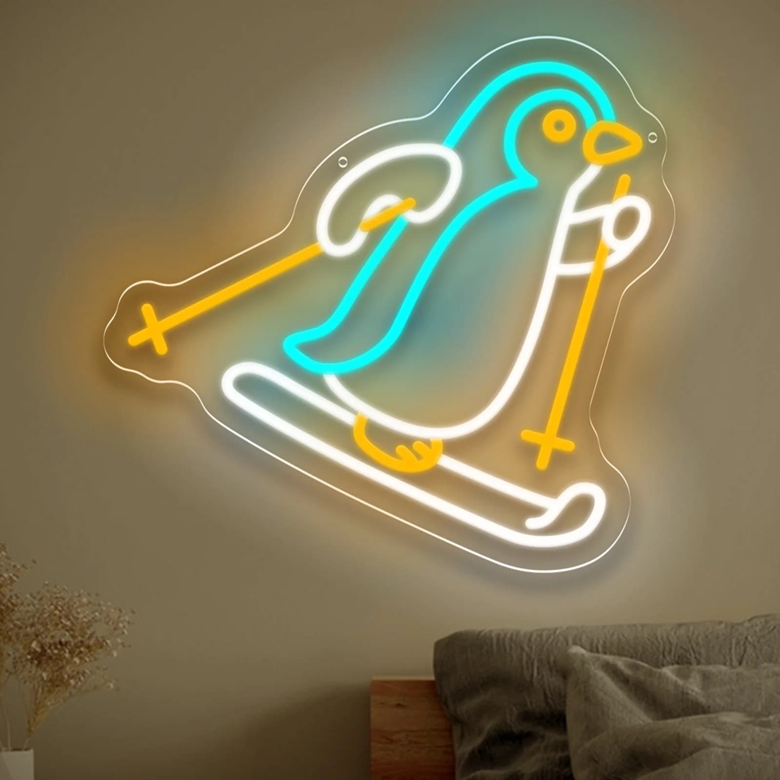 Sci Pinguino Insegna al neon Sci carino LED USB Luce al neon per camera da letto Resort di sci Parco divertimenti Cane Caffetteria Negozio di animali Decorazioni per feste Regalo