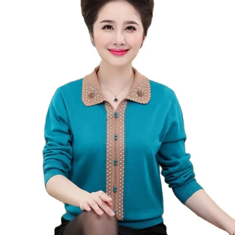 Mother Clothing Fall/Winter Diamond Lapel Sweater Middle-aged Mothers Bottoming Knit Sweater Plus size 5XL Loose Women Pullovers